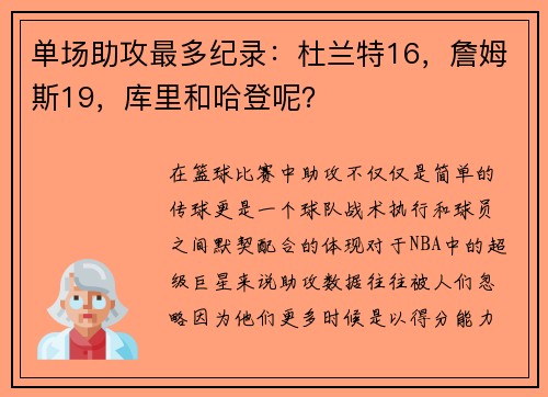 单场助攻最多纪录：杜兰特16，詹姆斯19，库里和哈登呢？