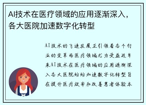 AI技术在医疗领域的应用逐渐深入，各大医院加速数字化转型