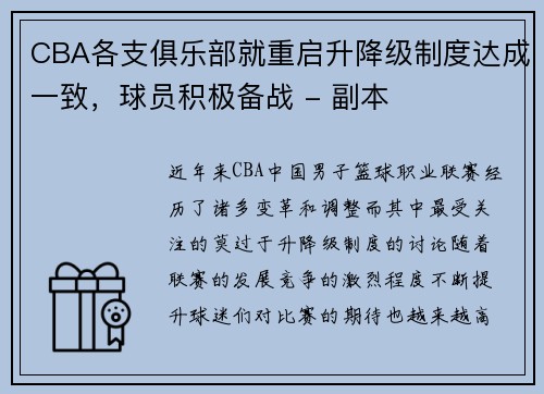 CBA各支俱乐部就重启升降级制度达成一致，球员积极备战 - 副本